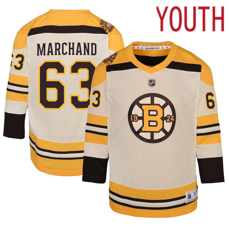 Youth Boston Bruins #63 Brad Marchand Cream 100th Anniversary Replica Player NHL Jersey